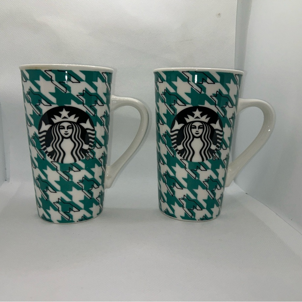 Two Starbucks Coffee Mug Tall 16 Ounces 2017 Green and White Houndstooth Design